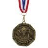 GYMNASTICS MEDAL WITH SLIM RED/WHITE/BLUE RIBBON.  Antique gold
