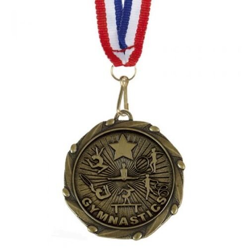 GYMNASTICS MEDAL WITH SLIM RED/WHITE/BLUE RIBBON.  Antique gold