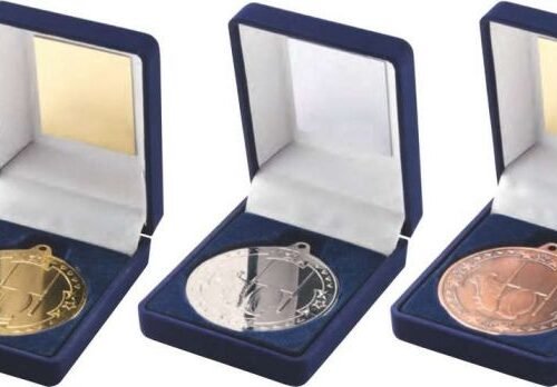 RUGBY MEDAL IN A BLUE MEDAL BOX