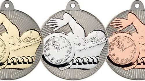 two tone swimming medals. gold, silver and bronze